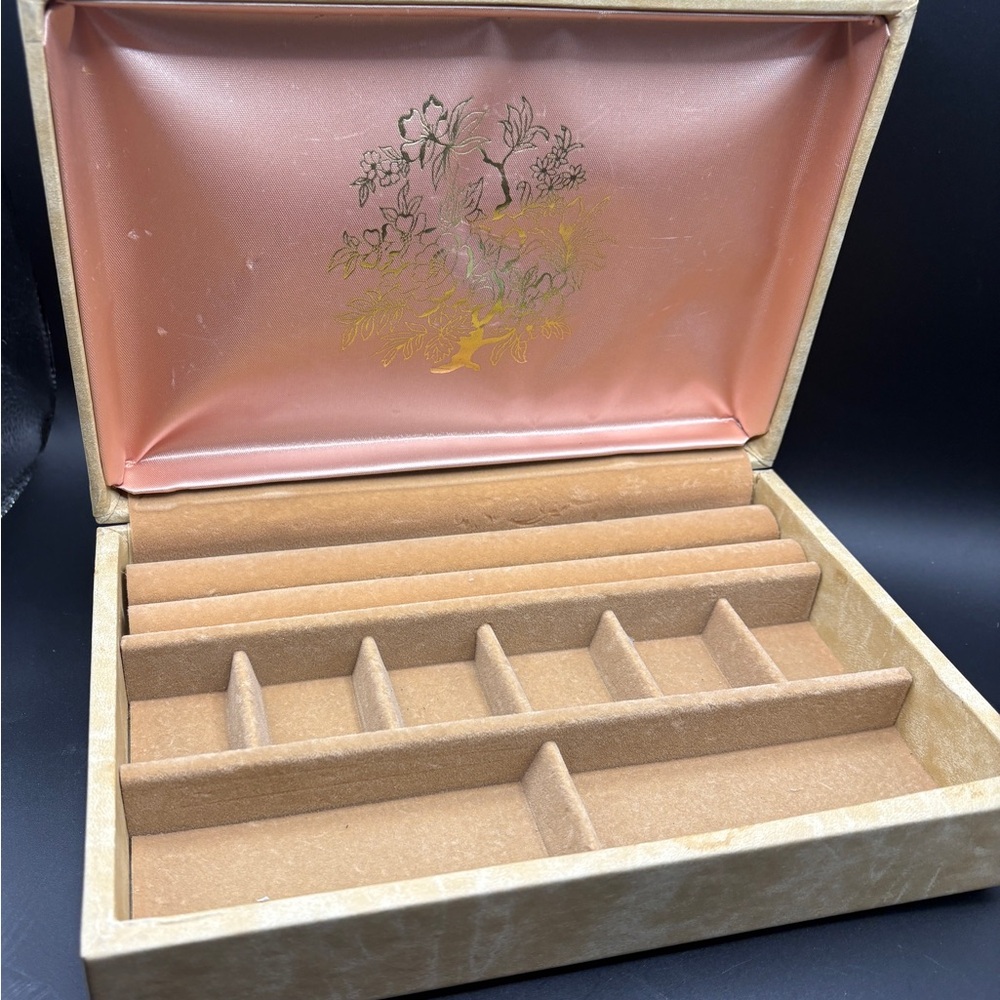 Vintage Buxton Jewelry Box Floral Gold Pink Satin Mid Century USA Case